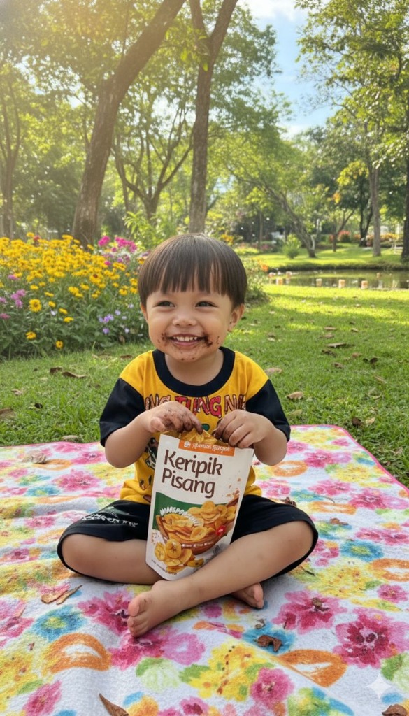 Anak menikmati Keripik Pisang Bunda Rumah Keripik